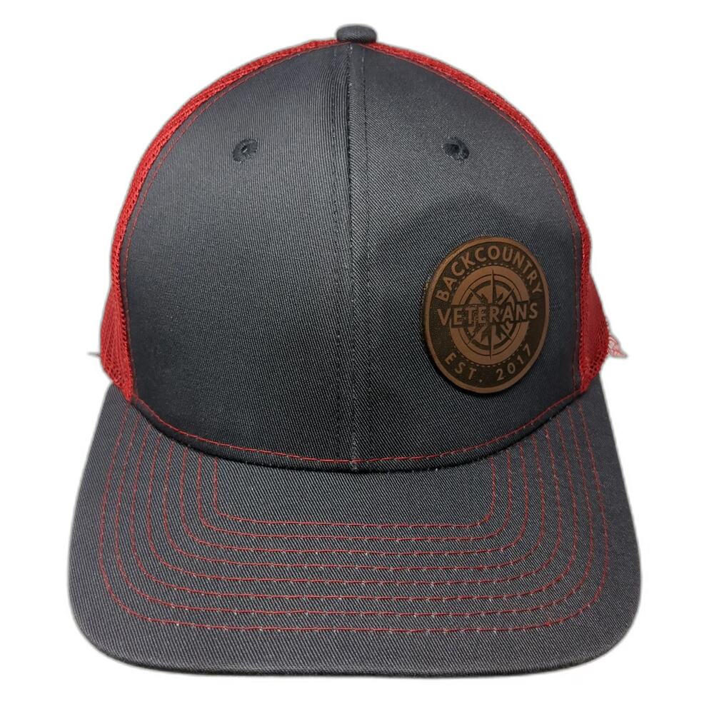 Nevada Caps Trucker Hat Gray Red OSFM Mesh Back Leather Patch Veterans Compass